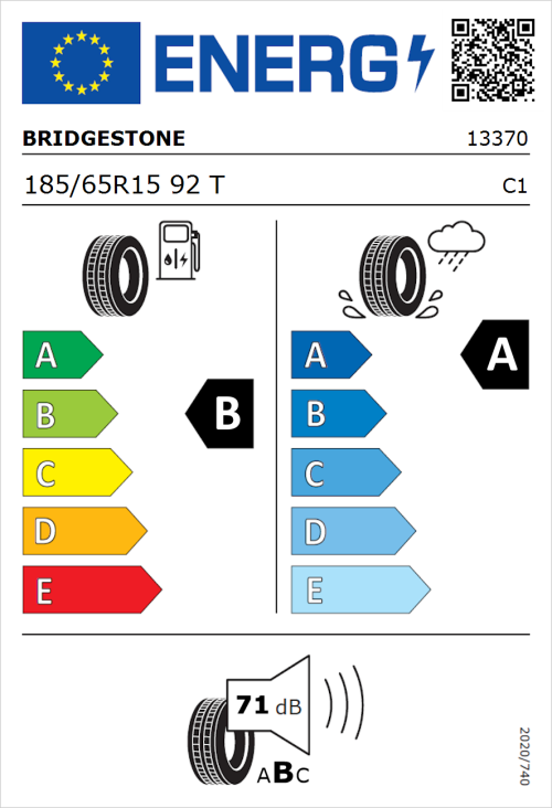 Tyre Label for Bridgestone Turanza T005 185/65R15 92T