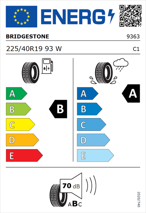 Tyre Label for Bridgestone Turanza T005 225/40R19 93W