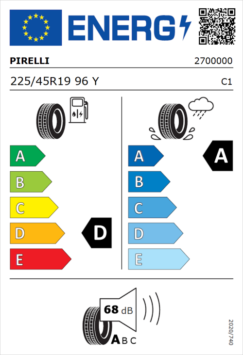 Tyre Label for Pirelli P Zero 225/45R19 96Y