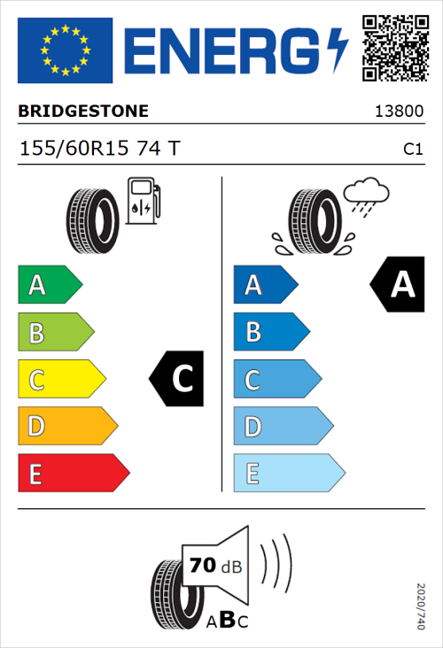 Tyre Label for Bridgestone Turanza T005 155/60R15 74T