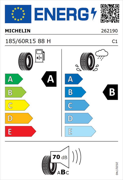 Tyre Label for Michelin e.primacy 185/60R15 88H