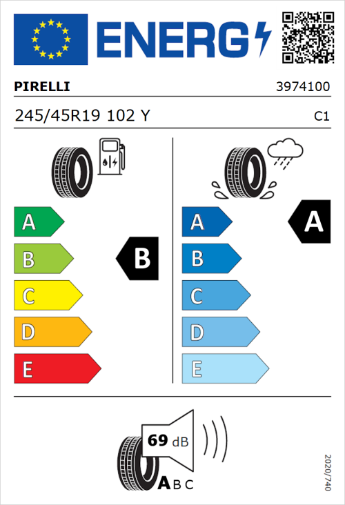 Tyre Label for Pirelli P Zero 245/45R19 102Y