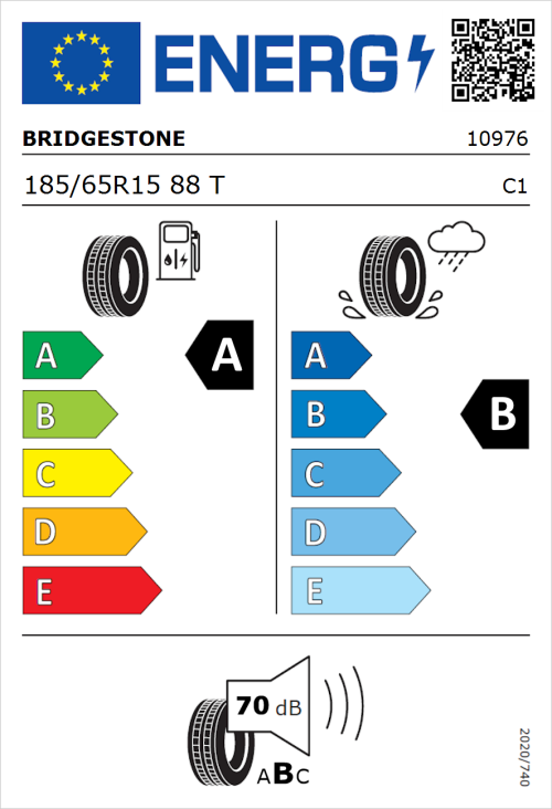 Tyre Label for Bridgestone Turanza T005 185/65R15 88T
