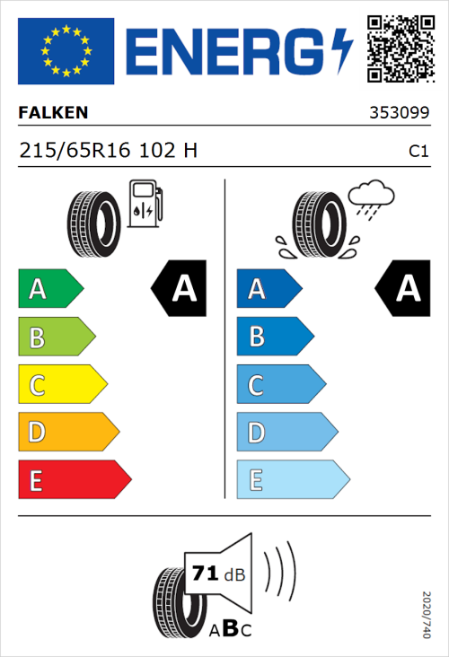 Tyre Label for Falken Ziex  ZE310 Ecorun 215/65R16 102H