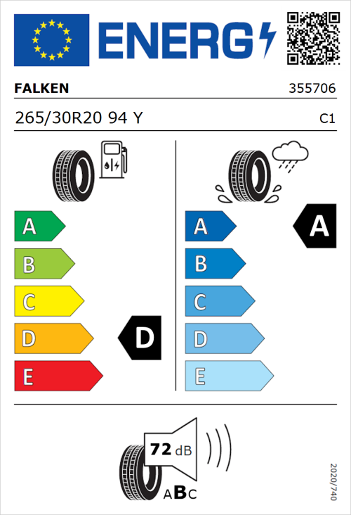 Tyre Label for Falken Azenis RS820 265/30R20 94Y