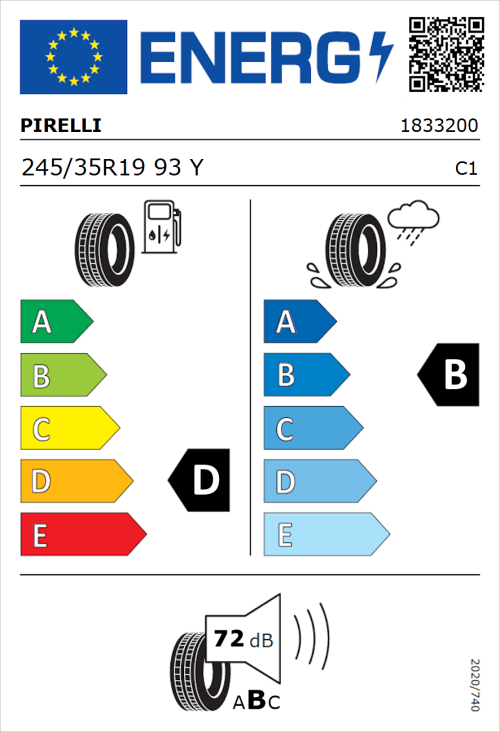 Tyre Label for Pirelli P Zero 245/35R19 93Y