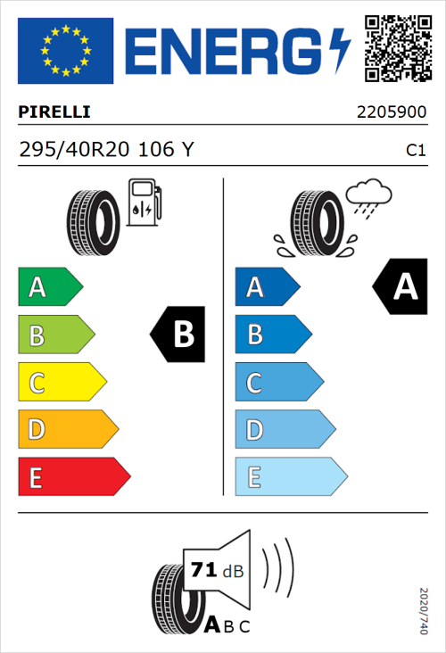 Tyre Label for Pirelli P Zero 295/40R20 106Y