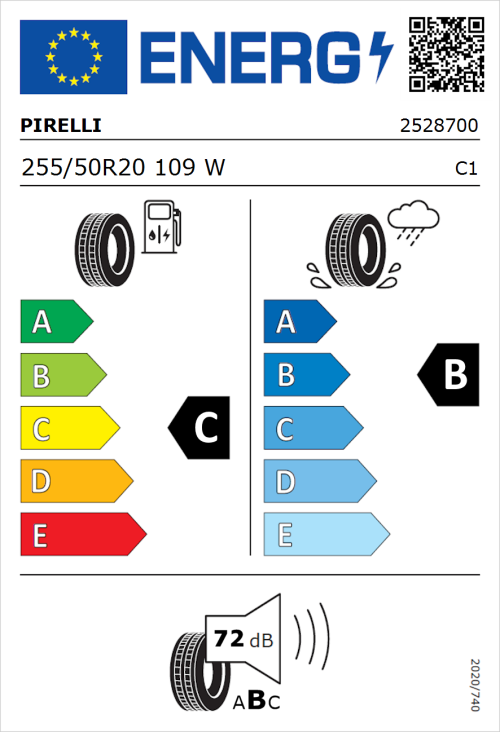 Tyre Label for Pirelli P Zero 255/50R20 109W